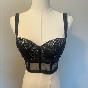 Victorias Secret Black Shine Lace Long Line Balconet Bra Silver Size 34C